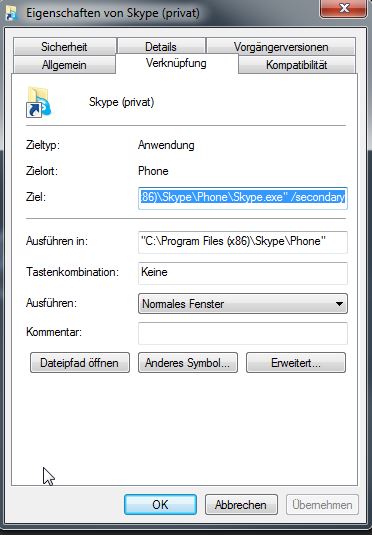 Eigenschaften der Verknüpfung zur zweiten Instanz von Skype